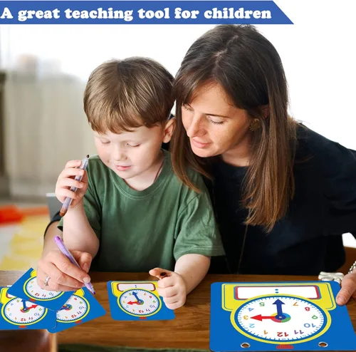 Miniatura 6 de Junkin Kit de reloj de enseñanza de 25 piezas, relojes de aprendizaje para niños, tiempo de aprendizaje con superficie borrable para suministros