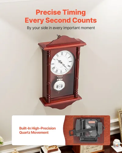 Miniatura 4 de VEVOR Reloj de pared vintage de abuelo, reloj de pared de madera de pino de 18 pulgadas con péndulo, relojes de pared de MDF con movimiento