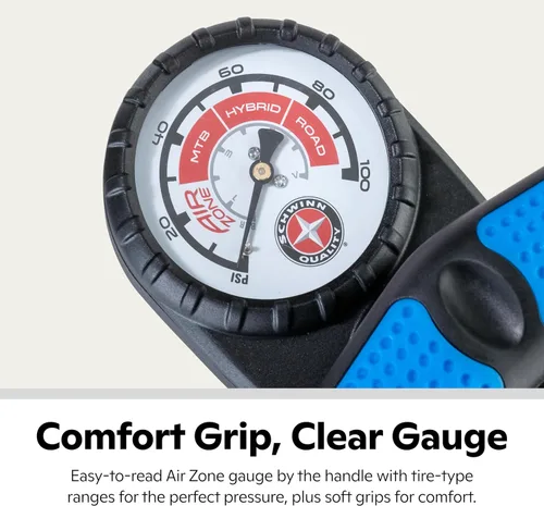 Miniatura 11 de Schwinn Serie Air Center o bomba de piso básica, para una gama de bicicletas, 100, 120 o 160 PSI, mango de agarre suave, cabezal doble para válvulas