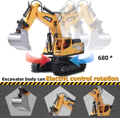 Miniatura 4 de ViRockSign Juguetes de excavadora con control remoto para niños, juguetes de construcción RC de 16 canales con pala de metal y luz, humo simulado