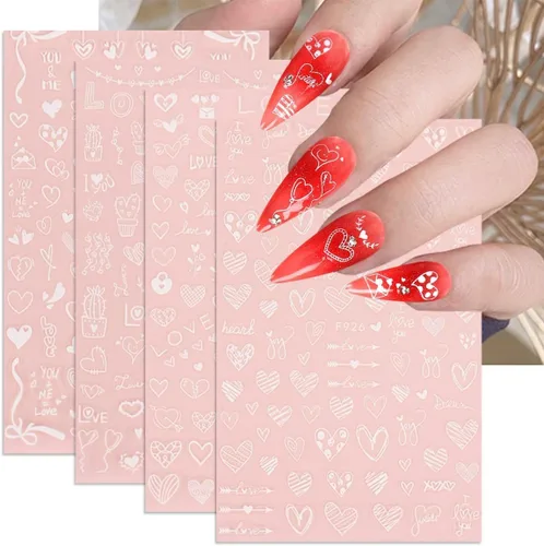 Calcomanías de arte de uñas de corazón de San Valentín, calcomanías de uñas blancas para el día de San Valentín, calcomanías de uñas autoadhesivas