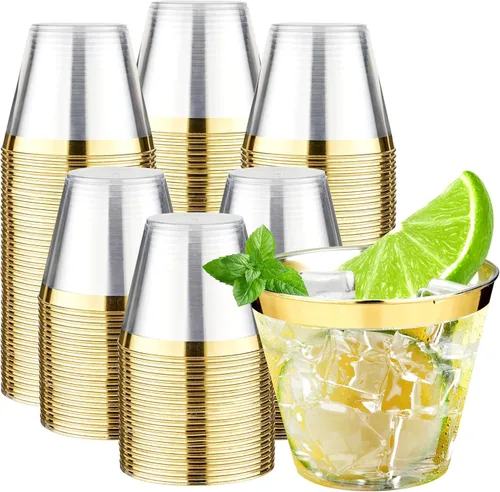 Miniatura 23 de RACETOP 9 oz 100 Pack Gold Glitter Plastic Cups, Disposable Gold Glitter Clear Plastic Cups for Parties, Gatherings, Weddings, and Festival Events