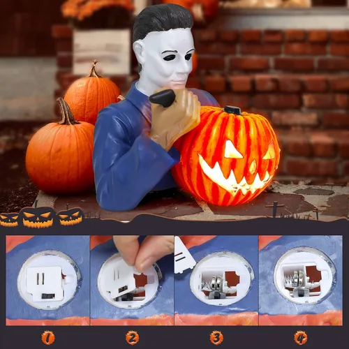 Miniatura 4 de nezababy Estatua de gnomo asesino iluminada, decoraciones de Halloween, gnomo de jardín de terror con decoración de resina de calabaza