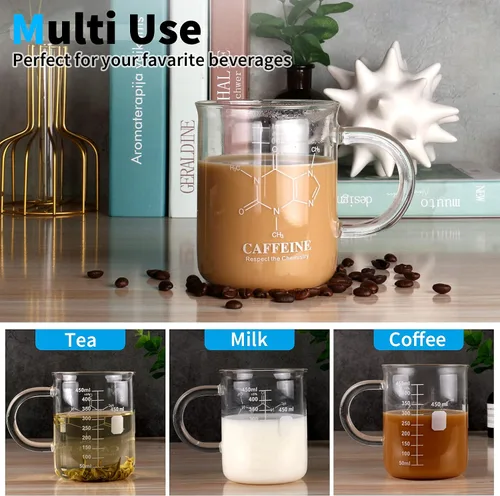 Miniatura 5 de Taza de vaso de cafeína, taza de café de química de 16 onzas, vaso de borosilicato, vaso graduado medidor, 15.2 fl oz