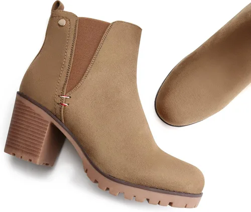 Miniatura 6 de JABASIC - Botines casuales de ante para mujer con tacón de bloque, botas de meter tipo Chelsea