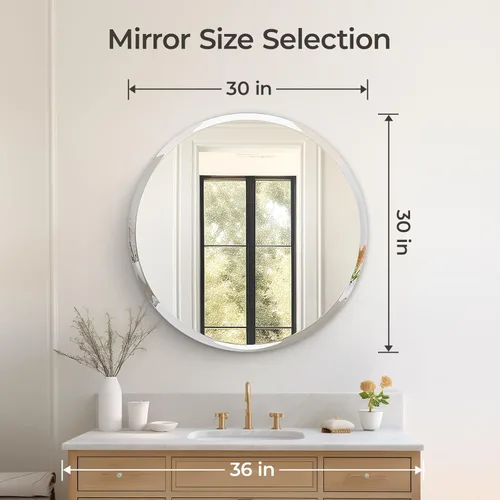 Miniatura 4 de USHOWER Espejo de pared redondo sin marco de 30 pulgadas con borde biselado, espejo circular para baño y tocador, aspecto elegante y simple
