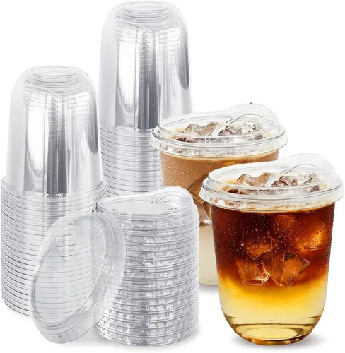 Miniatura 8 de Paquete de 60 vasos de plástico transparente con tapas para sorber sin pajilla, vasos desechables de PET cristal de 12 onzas para café helado