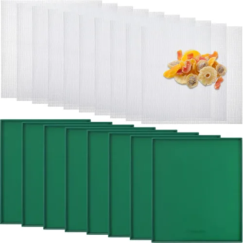 Thenshop 8 bandejas deshidratadoras de silicona con borde y 10 alfombrillas deshidratadoras de malla, antiadherentes, reutilizables, de cuero, Verde