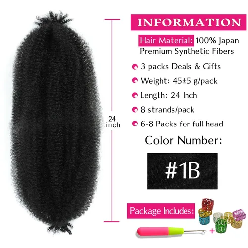 Miniatura 2 de Cabello afro trenzado elástico de 24 pulgadas, 3 paquetes, cabello afro twist preesponjado y trenzado de resorte pre estirado, cabello envuelto