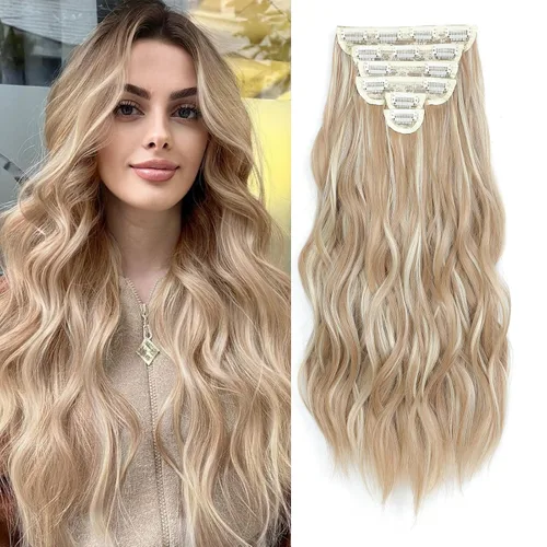 Miniatura 19 de Fliace Extensiones de cabello con clip para mujer, extensiones de cabello ondulado largo de color marrón medio, extensiones de cabello sintético