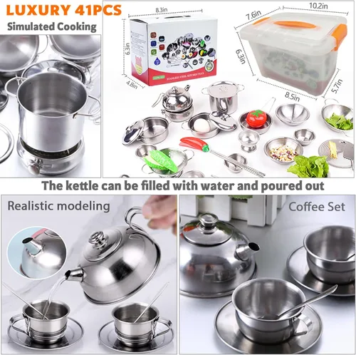 Miniatura 4 de Juego de juguetes de cocina de tamaño mini para niños, accesorios con utensilios de cocina de acero inoxidable, juego de ollas y sartenes de acero