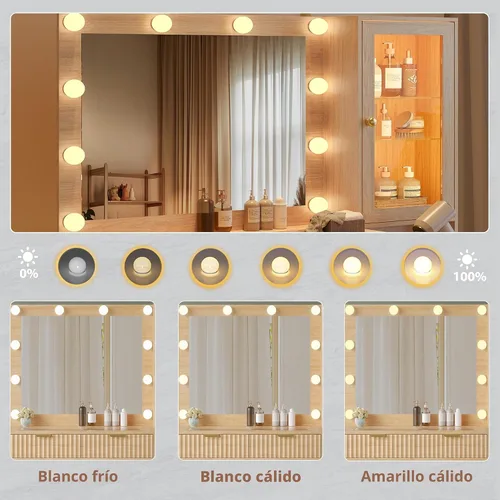 Miniatura 3 de Escritorio de tocador de maquillaje con espejo y luces, escritorio de madera estriada de 45 pulgadas con parte superior de cristal, 5 cajones y Roble