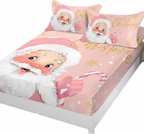 Miniatura 2 de Juego de sábanas bajeras de tamaño Queen de 5 a 16 pulgadas de profundidad, lindo Papá Noel, suave sábana bajera de copo de nieve y lunares sobre