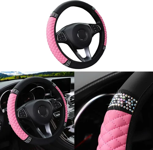 Miniatura 17 de Funda brillante para volante de automóvil, protector de cuero con diamantes de imitación de cristal para automóvil, accesorios de decoración