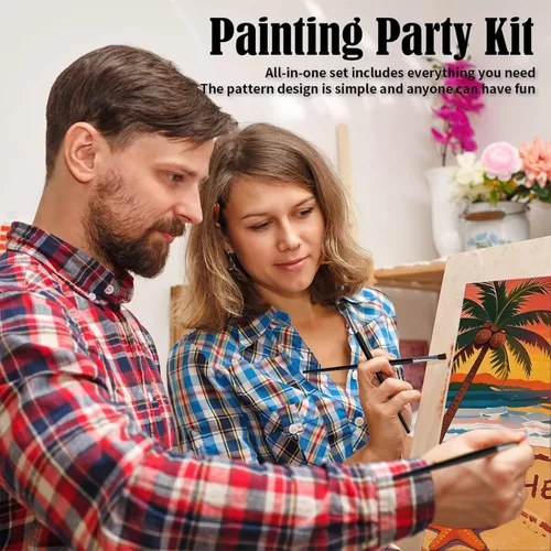 Miniatura 6 de VOCHIC Kit de pintura para sorbos y pinturas, lienzo predibujado para parejas, kit de pintura para adultos, citas, noche, puesta de sol, playa