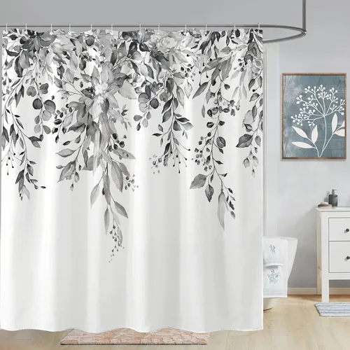 Miniatura 8 de kampdream Cortina de ducha de plantas de eucalipto gris y blanco, hojas de acuarela en la parte superior, cortina de baño botánica, 72 x 72 pulgadas
