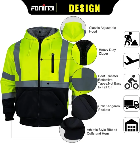 Miniatura 2 de FONIRRA - Sudadera con capucha de alta visibilidad para hombres, forro polar, seguridad ANSI Clase 3, chaqueta de trabajo con parte inferior negra