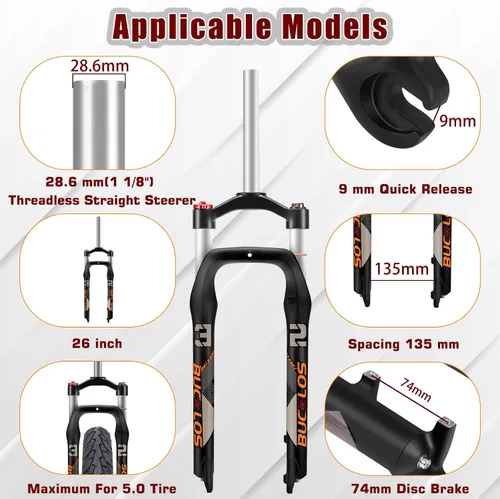 Miniatura 2 de BUCKLOS 26 x 4.0 pulgadas Fat Tire MTB Horquilla de suspensión, 3.937 in cubo de espaciado de viaje 5.315 in 1 1/8 tubo recto Bloqueo manual 0.354