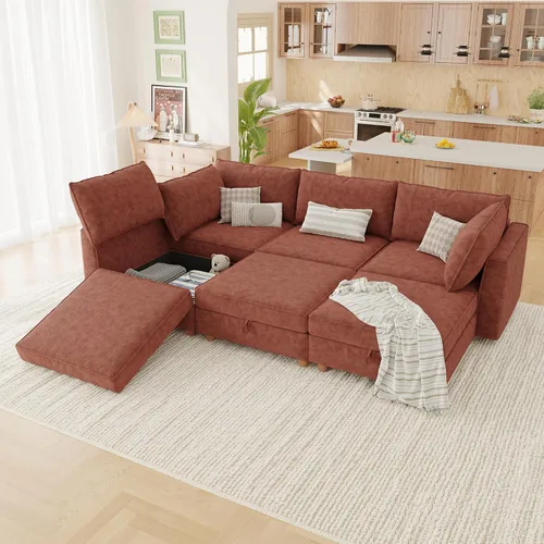 Miniatura 28 de 95.5" Sofá seccional modular de chenilla con almacenamiento oculto, sofá cama convertible en forma de L y U, sofá seccional moderno de 6 plazas