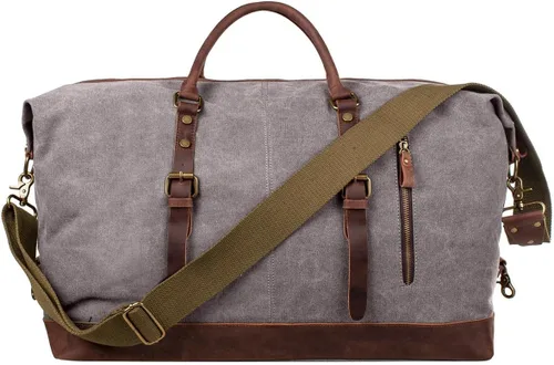 Miniatura 19 de S-ZONE - Bolsa de viaje de lona sobredimensionada con adornos de cuero genuino, bolsa deportiva de hombro de fin de semana, bolso de fin de semana