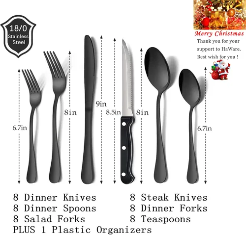 Miniatura 2 de HaWare Juego de cubiertos negros de 49 piezas con organizador de cubiertos, cubiertos de acero inoxidable con 8 cuchillos de carne, utensilios