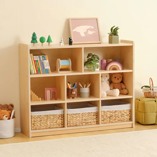 Miniatura 7 de OOOK Montessori - Estante para juguetes, 35.4 pulgadas de alto, organizador de almacenamiento de juguetes de 3 niveles con 8 cubos, armario