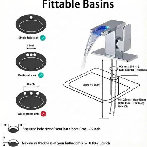 Miniatura 4 de AVSIILE Grifo LED para Lavabo de Baño, Cromado Cascada Mango de Un Solo Orificio Grifos de Tocador para Lavabos 1 Orificio con Desagüe Emergente