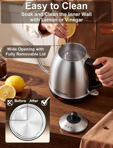 Miniatura 6 de Stariver Hervidor eléctrico de cuello de cisne, hervidor de agua de 1 litro, sin BPA, para verter sobre tetera de acero inoxidable para café y té