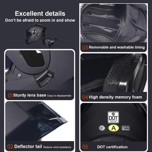 Miniatura 5 de Casco modular Bluetooth para motocicleta, aprobado por DOT, de cara completa, abatible, antivaho, doble visera, casco de motocicleta de calle, LENTE