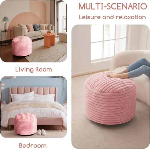 Miniatura 3 de HIGOGOGO Puf redondo de relleno, pufs de piel sintética a rayas con relleno de trozos de espuma, puf peludo y esponjoso, otomano de almacenamiento