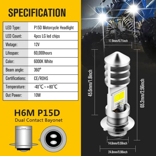 Miniatura 7 de Bombilla LED H6M AC/DC 12-48V P15D Hi-Lo Beam blanco 6000K LED bombilla de motocicleta para Ya maha ATV YF Z YF M Raptor Grizzly Ko diak Moto