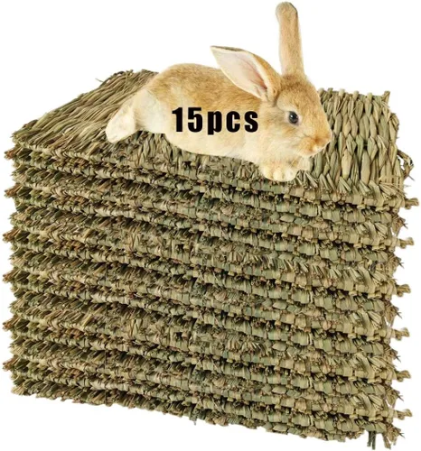 Miniatura 10 de Alfombrilla de césped tejida para animales pequeños, 5 tapetes de hierba, ropa de cama de conejo, nido, juguete para masticar, juguete para jugar