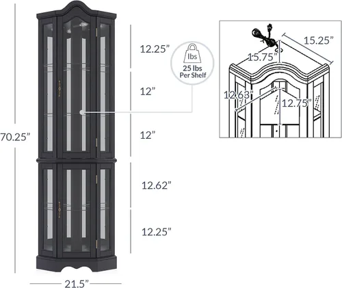 Miniatura 2 de BELLEZE Gabinete Curio iluminado de vidrio de 3 lados con puertas y estantes de vidrio templado, gabinete esquinero de madera curva con bombilla