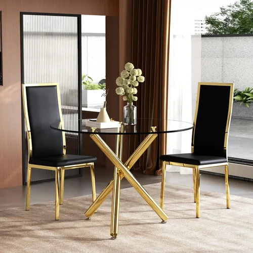 Miniatura 12 de Moderno juego de mesa redonda de cristal para 2, juego de mesa de cocina de círculo pequeño de 36 pulgadas con 2 sillas de comedor de piel sintética