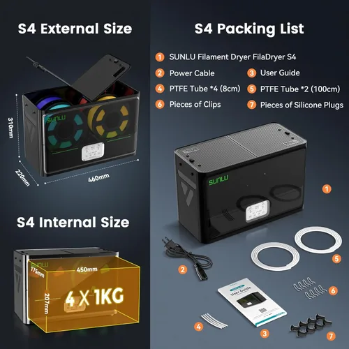 Miniatura 7 de SUNLU Caja secadora oficial para filamentos de impresora 3D S4, capacidad para 4 carretes, 3 ventiladores de circulación, calentador PTC de 350W