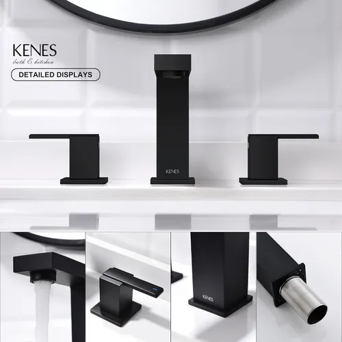 Miniatura 9 de KENES Grifo de Baño Extendido Negro Mate de Dos Manijas, Grifos de Lavabo de Baño Negro de 3 Orificios, 8 Pulgadas, Grifo de Tocador de Baño de 3