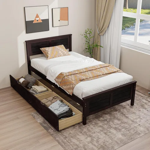 Giantex Cama individual de madera con 2 cajones de almacenamiento, plataforma de madera maciza con cabecero, base de colchón de soporte de listones