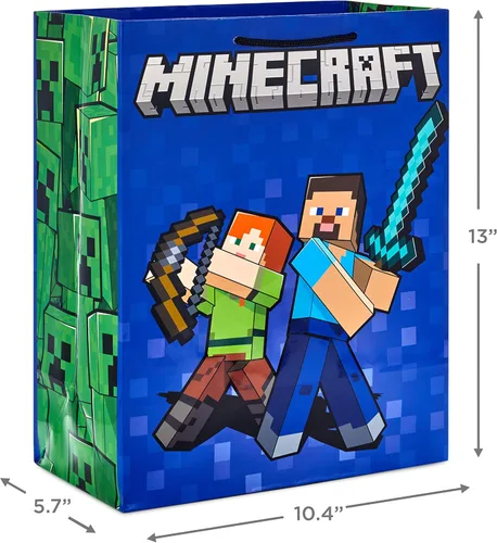 Miniatura 3 de Hallmark Paquete de bolsa de regalo Minecraft (2 bolsas: bolsa azul grande de 13 pulgadas, 15 pulgadas extra grande verde) para cumpleaños, Navidad