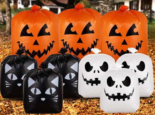Giiffu Paquete de 9 bolsas de hojas de Halloween con lazos giratorios, bolsas de basura de calabaza resistentes para césped, jardín, porche,