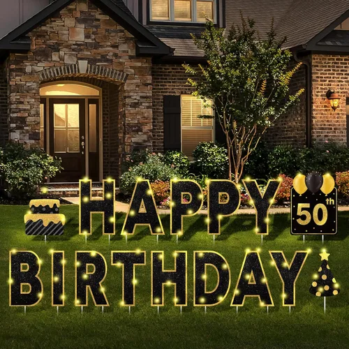 Miniatura 5 de Yerliker 16 piezas de carteles de feliz cumpleaños para patio con estacas, luces LED de 32.8 pies, 42 piezas de adhesivos numéricos, carteles