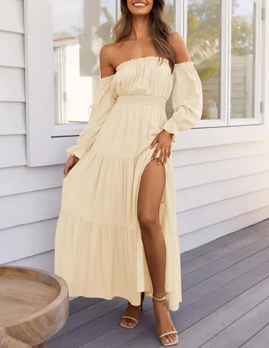 Miniatura 57 de ZESICA - Vestido largo, bohemio y sexy, con hombros descubiertos y manga larga fruncida, con elástico fruncido, cintura alta y abertura lateral