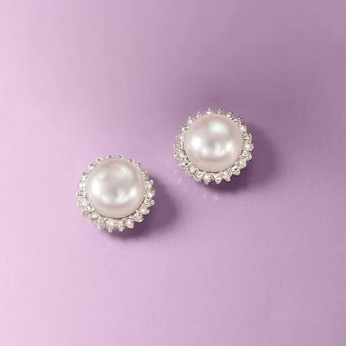 Miniatura 3 de Ross-Simons 7-7.5mm Cultured Button Pearl and .13 ct. t.w. Diamond Stud Earrings in Sterling Silver