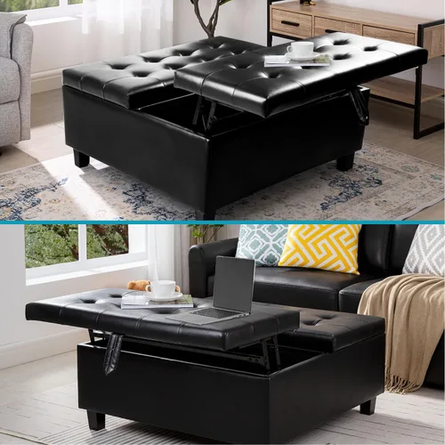 Miniatura 7 de Naomi Home Ciara - Banco otomano tapizado de cuero negro de 35 pulgadas, mesa auxiliar cuadrada grande de almacenamiento, caja de juguetes, taburete