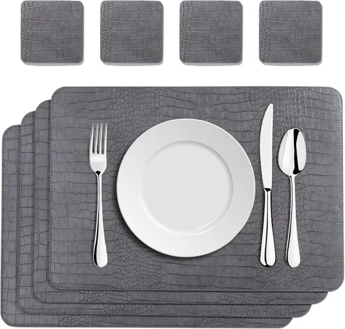 Miniatura 9 de Juego de 8 manteles individuales de piel sintética con patrón de cocodrilo, resistentes a las manchas, resistentes a los arañazos, impermeables