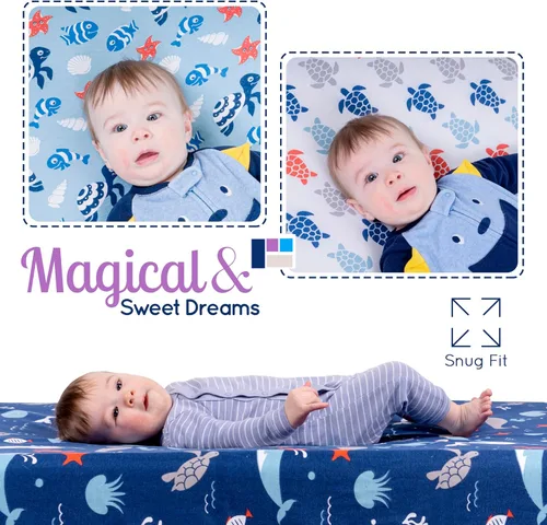 Miniatura 6 de GROW WILD Blue Ocean - Sábanas de cuna para niños (paquete de 3), sábana bajera ajustable de punto de jersey (52 x 28 pulgadas), juego de ropa