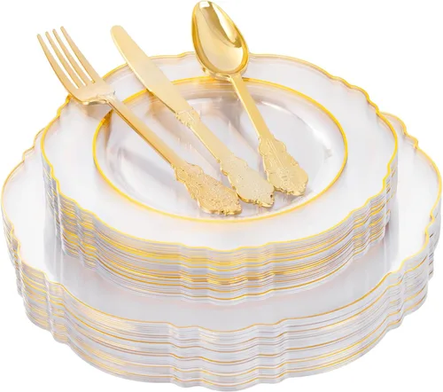 YOUBET 125 platos de plástico dorado – Platos desechables de oro transparente – Vajilla de plástico barroco para 25 invitados incluye 25 platos de