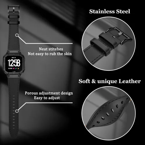 Miniatura 3 de BAITEYOU Leather Bands with Stainless Steel Case Compatible with Fitbit Versa 1 2 3 4 Lite Sense 2 1 Protective case for men
