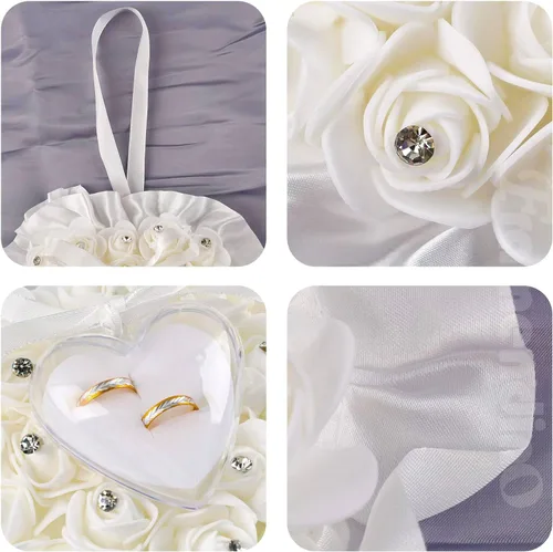Miniatura 8 de Framendino, Forma de corazón blanco anillo de boda almohada elegante decoración cojín portador caja con lazo de cinta