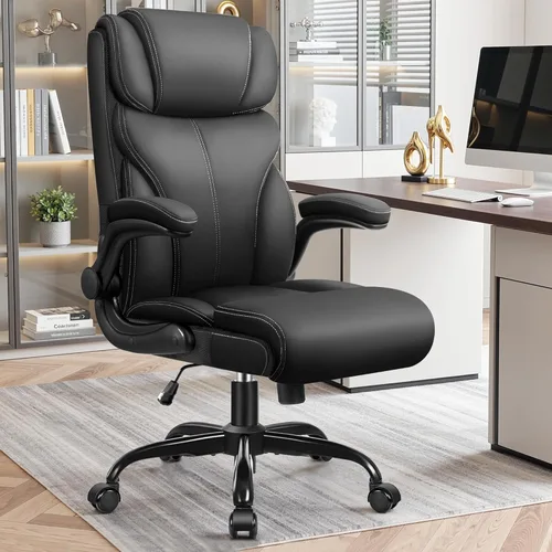 Primy Silla de oficina, silla de escritorio ergonómica de cuero con reposabrazos abatibles, respaldo alto grande y alto, silla ejecutiva para Negro