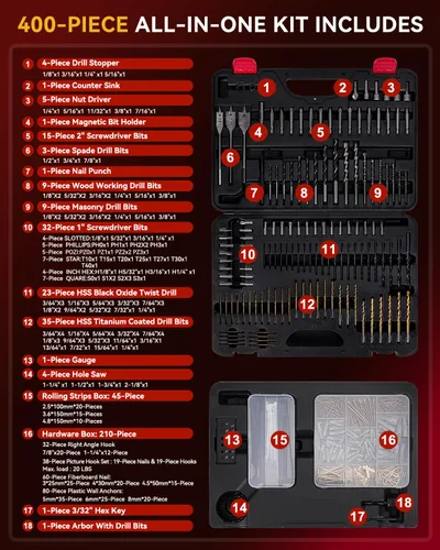 Miniatura 2 de KingTool Juego de 400 Piezas de Brocas – Juego de Brocas para Destornillador con Estuche con Cajón, Juego de Brocas Diseñado para Varias Tareas